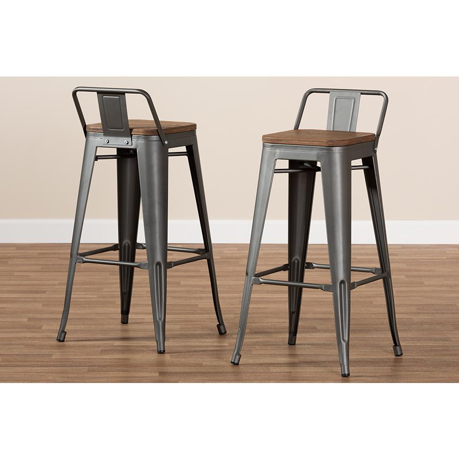 Henri Vintage Rustic Industrial Style Tolix-Inspired Bamboo and Gun Metal-Finished Steel Stackable Bar Stool with Backrest Set of 2. Picture 7