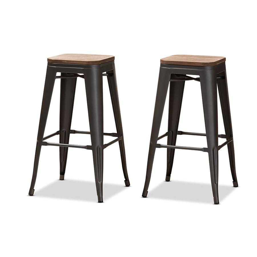 Henri Vintage Rustic Industrial Style Tolix-Inspired Bamboo and Gun Metal-Finished Steel Stackable Bar Stool Set of 2. Picture 1