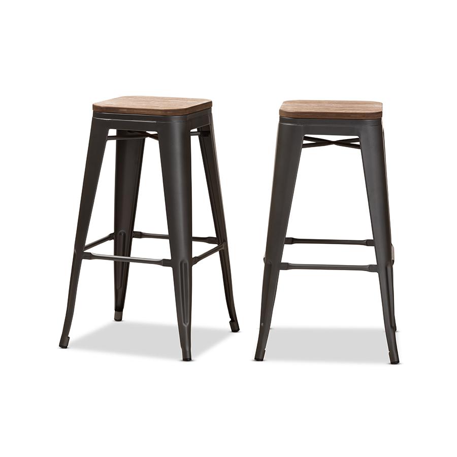 Tolix-Inspired Bamboo and Gun Metal-Finished Steel Stackable Bar Stool  Set. Picture 2