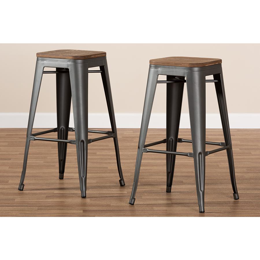 Henri Vintage Rustic Industrial Style Tolix-Inspired Bamboo and Gun Metal-Finished Steel Stackable Bar Stool Set of 2. Picture 6