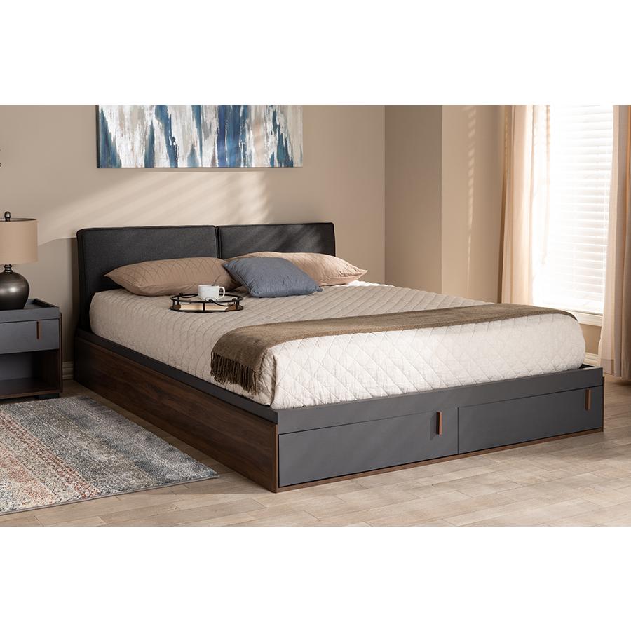 Baxton Studio Rikke Modern and Contemporary Two-Tone Gray and Walnut Finished Wood Queen Size Platform Storage Bed with Gray Fabric Upholstered Headboard. Picture 8