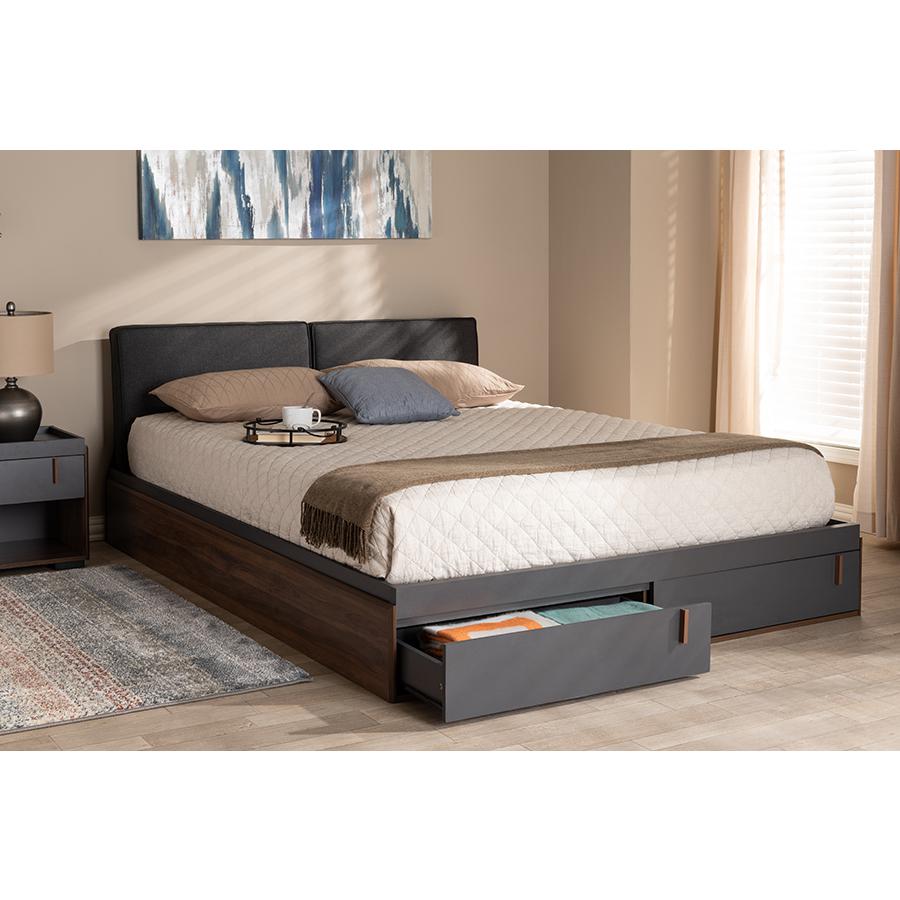 Baxton Studio Rikke Modern and Contemporary Two-Tone Gray and Walnut Finished Wood Queen Size Platform Storage Bed with Gray Fabric Upholstered Headboard. Picture 1