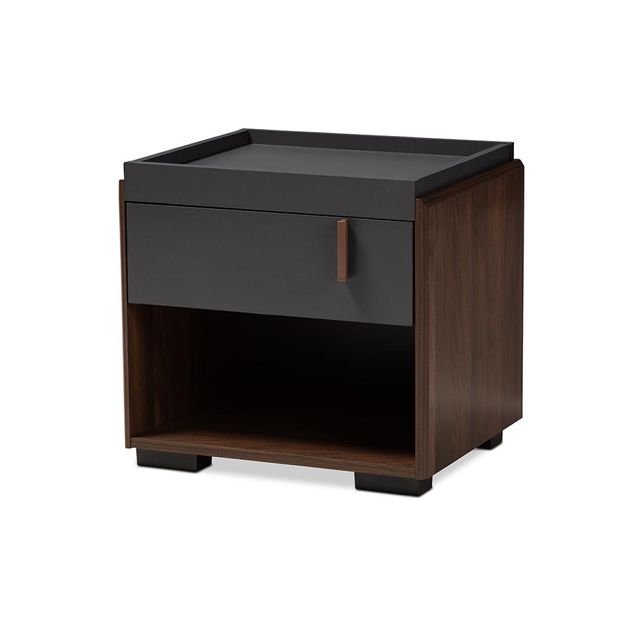 Baxton Studio Rikke Modern and Contemporary Two-Tone Gray and Walnut Finished Wood 1-Drawer Nightstand. Picture 2