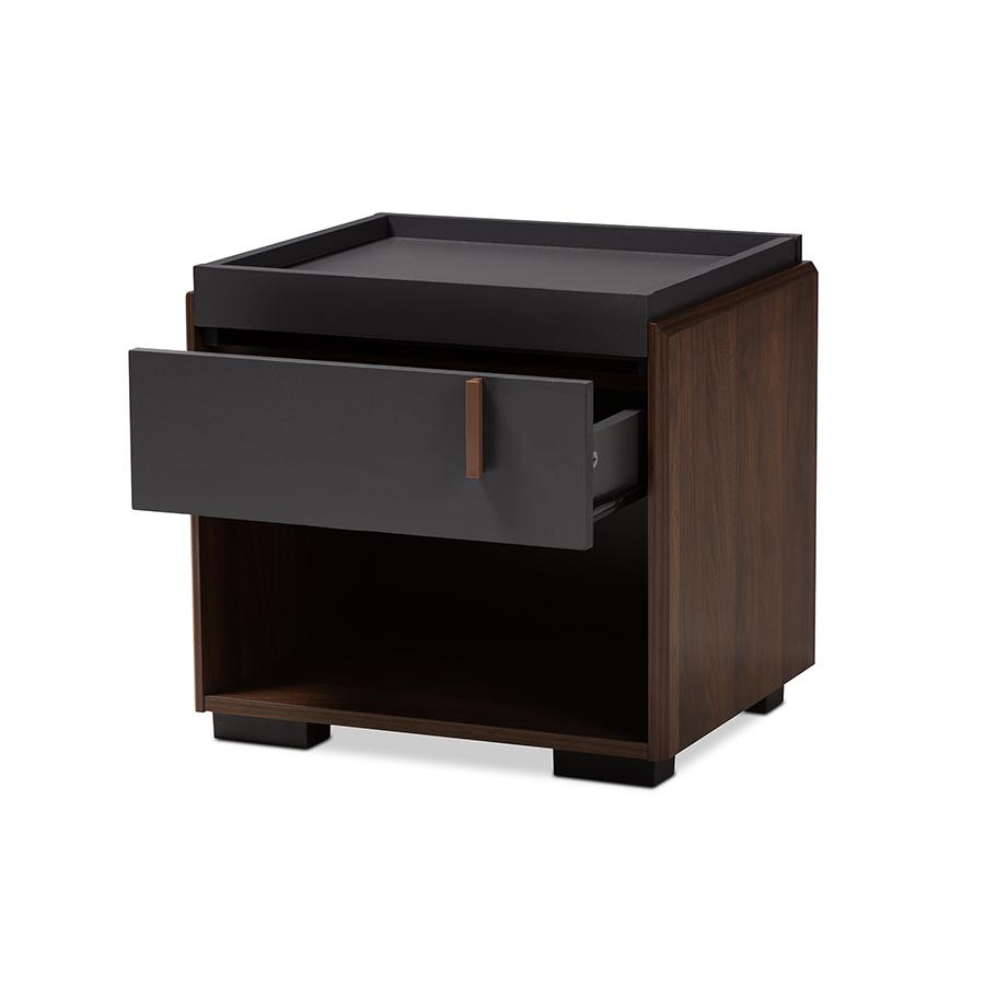 Baxton Studio Rikke Modern and Contemporary Two-Tone Gray and Walnut Finished Wood 1-Drawer Nightstand. Picture 3