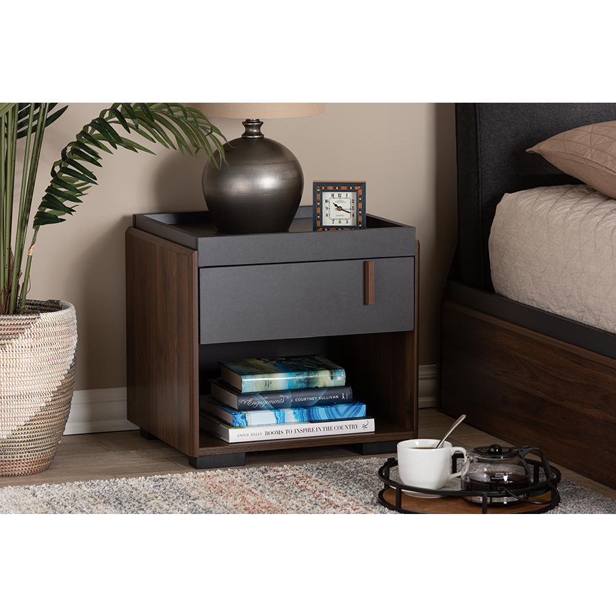 Baxton Studio Rikke Modern and Contemporary Two-Tone Gray and Walnut Finished Wood 1-Drawer Nightstand. Picture 1