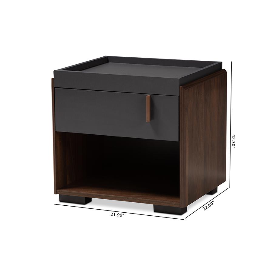 Baxton Studio Rikke Modern and Contemporary Two-Tone Gray and Walnut Finished Wood 1-Drawer Nightstand. Picture 9