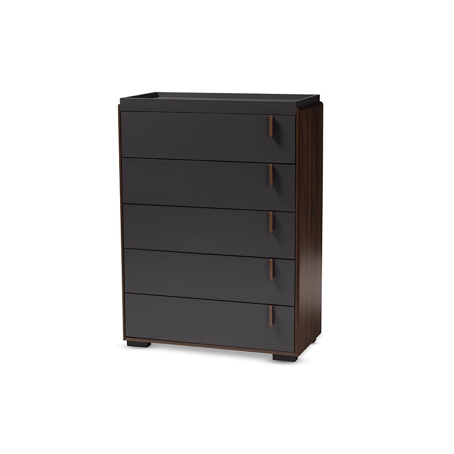 Baxton Studio Rikke Modern and Contemporary Two-Tone Gray and Walnut Finished Wood 5-Drawer Chest. Picture 2