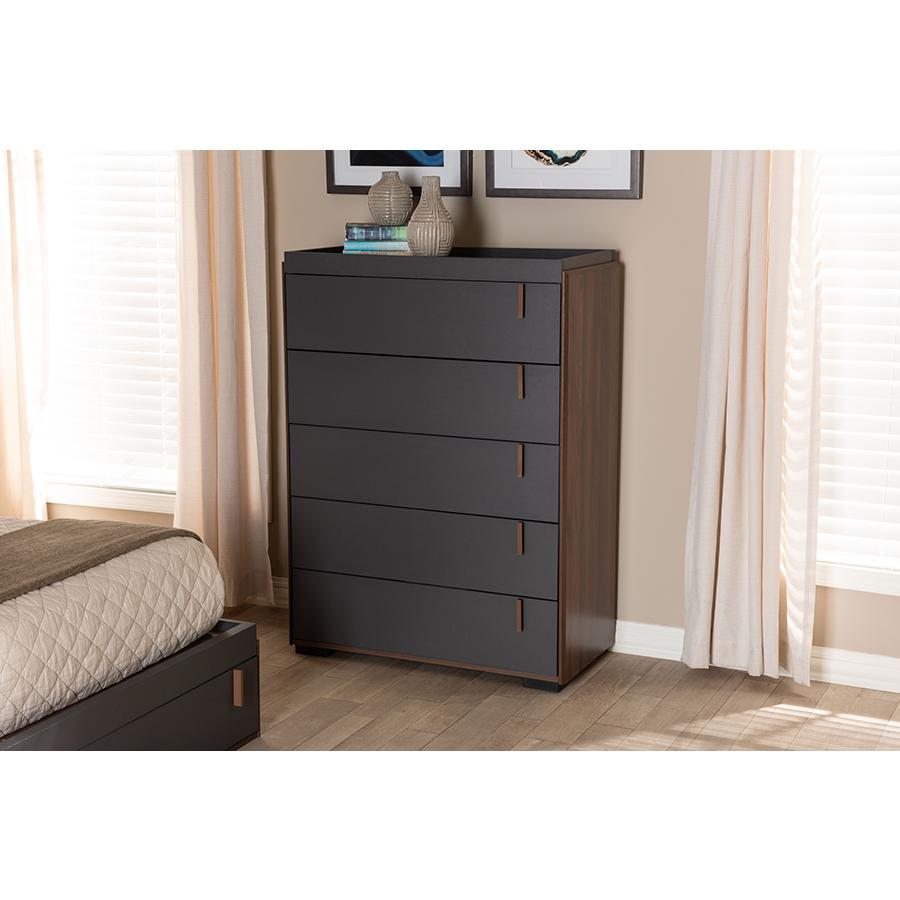 Baxton Studio Rikke Modern and Contemporary Two-Tone Gray and Walnut Finished Wood 5-Drawer Chest. Picture 1