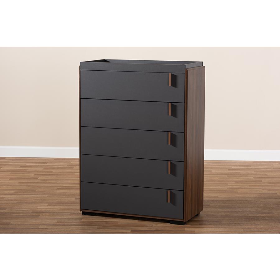 Baxton Studio Rikke Modern and Contemporary Two-Tone Gray and Walnut Finished Wood 5-Drawer Chest. Picture 8