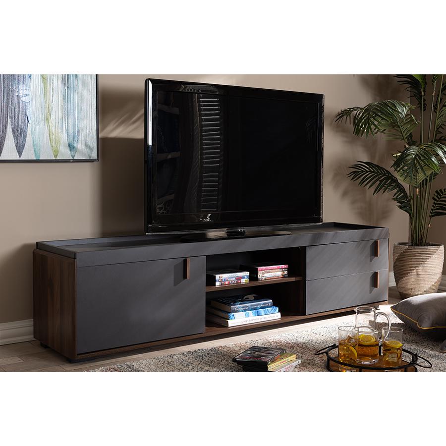 Two-Tone Gray and Walnut Finished Wood 2-Drawer TV Stand. Picture 6