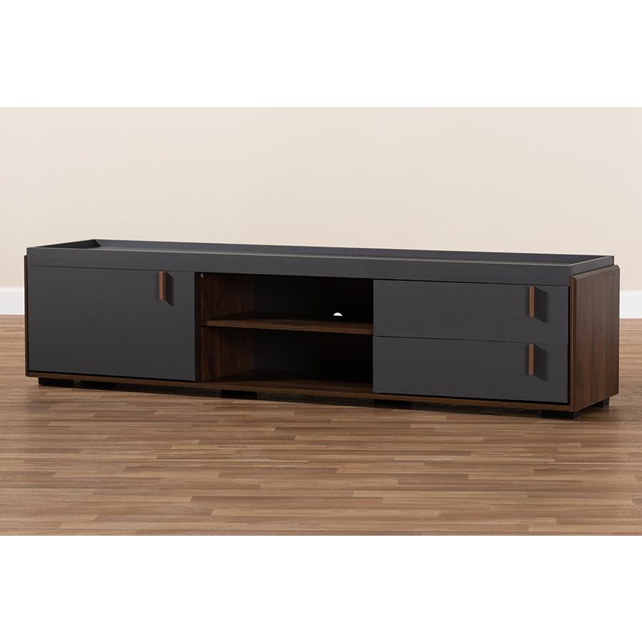 Two-Tone Gray and Walnut Finished Wood 2-Drawer TV Stand. Picture 7