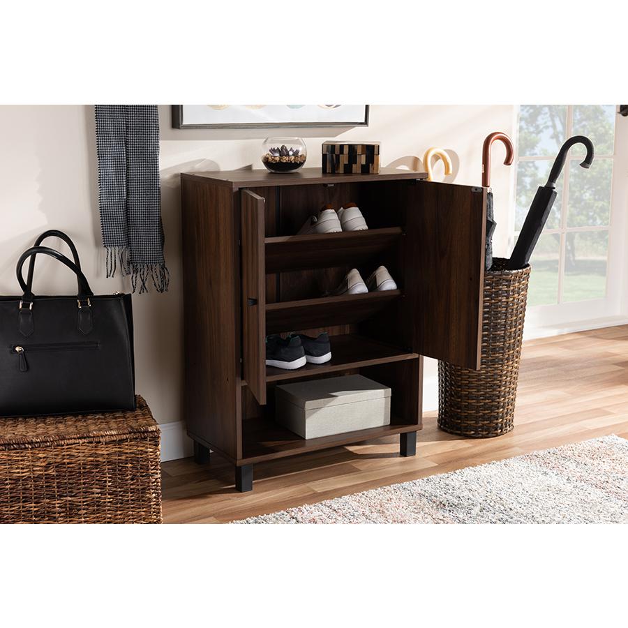 Baxton Studio Rossin Modern and Contemporary Walnut Brown Finished 2-Door Wood Entryway Shoe Storage Cabinet. Picture 1