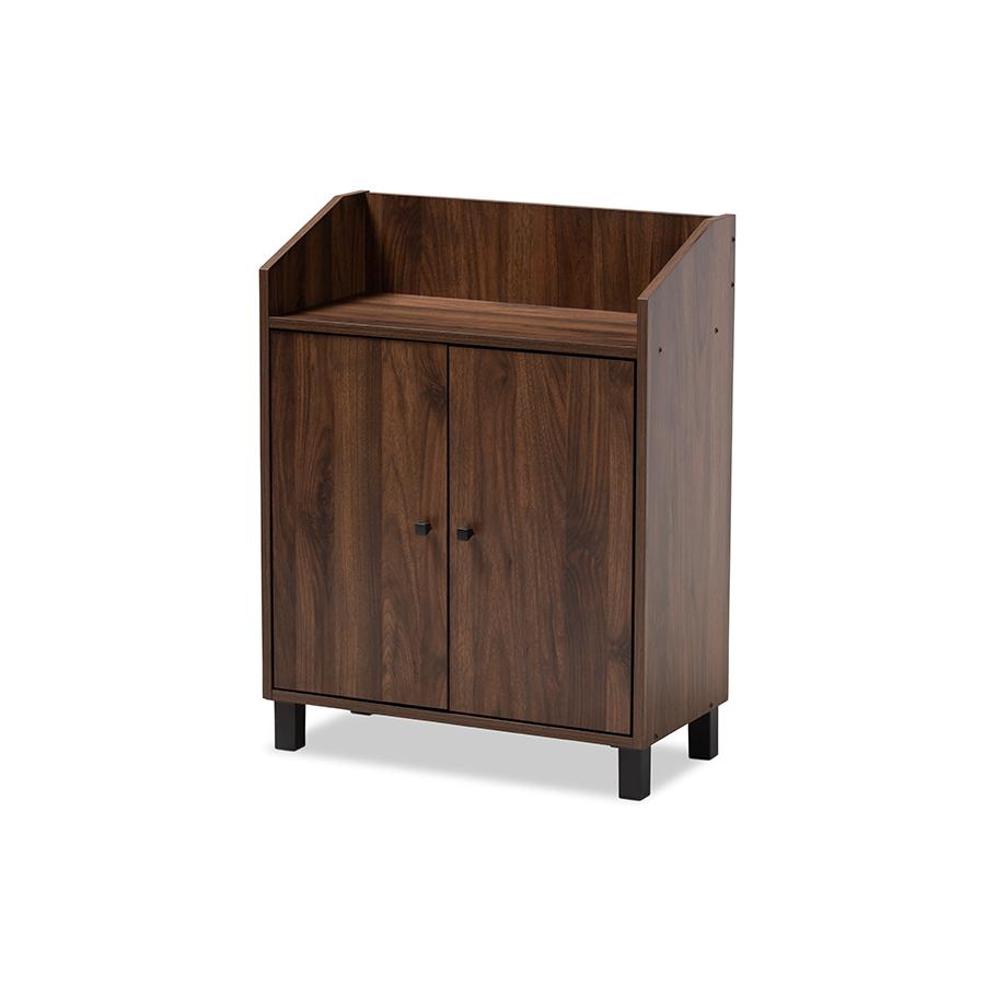 Walnut Brown Finished 2-Door Wood Entryway Shoe Storage Cabinet with Open Shelf. Picture 1