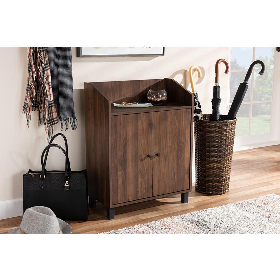 Walnut Brown Finished 2-Door Wood Entryway Shoe Storage Cabinet with Open Shelf. Picture 7