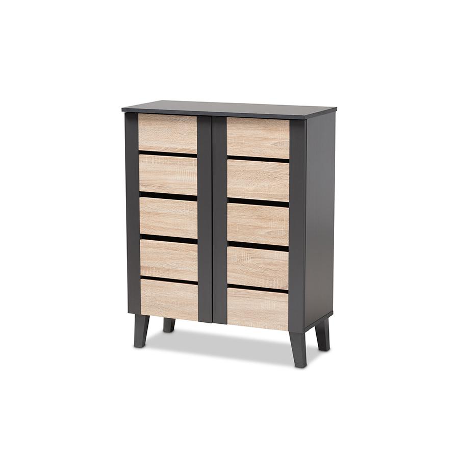 Two-Tone Oak Brown and Dark Gray 2-Door Wood Entryway Shoe Storage Cabinet. Picture 1