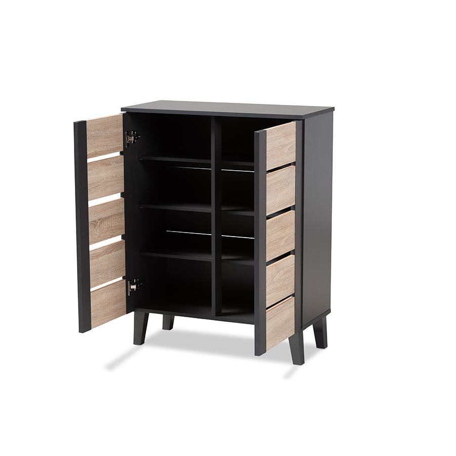 Two-Tone Oak Brown and Dark Gray 2-Door Wood Entryway Shoe Storage Cabinet. Picture 2