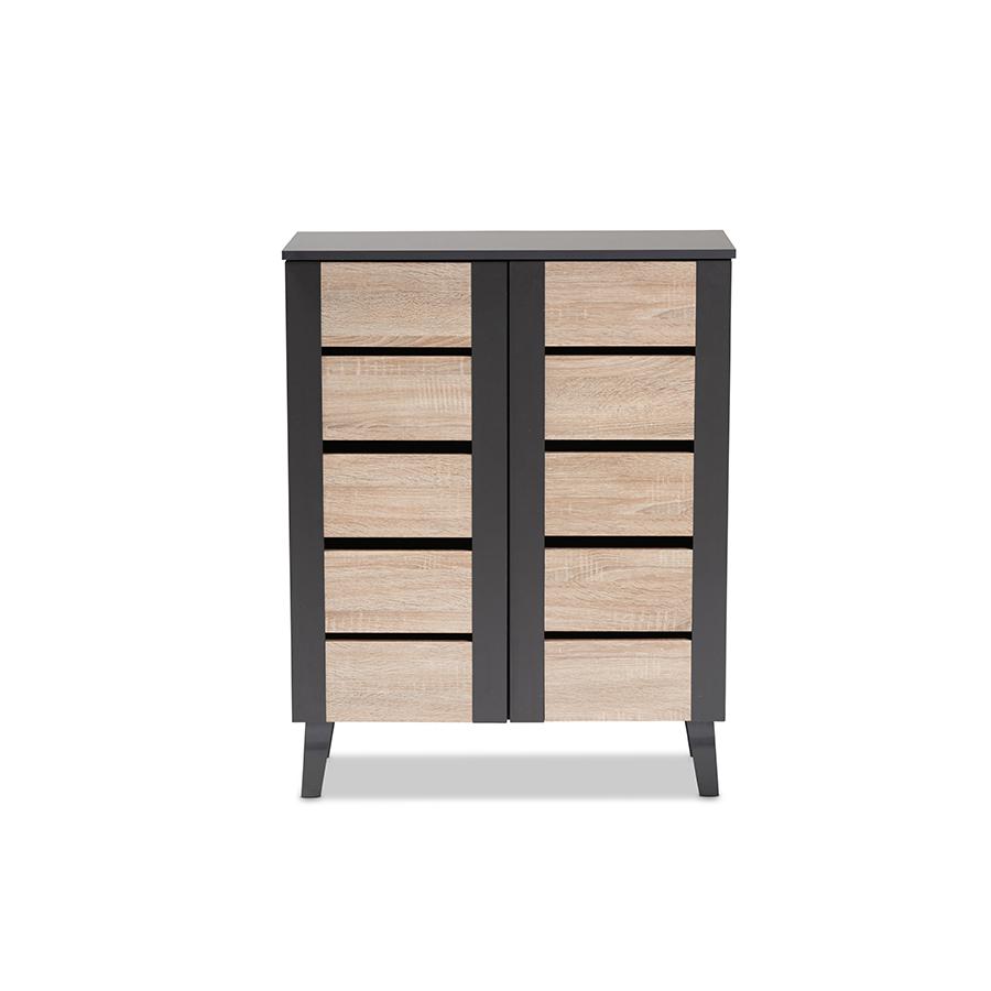 Two-Tone Oak Brown and Dark Gray 2-Door Wood Entryway Shoe Storage Cabinet. Picture 3