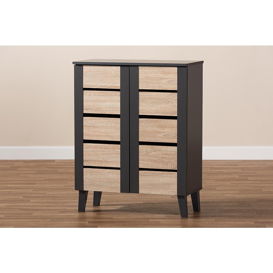 Two-Tone Oak Brown and Dark Gray 2-Door Wood Entryway Shoe Storage Cabinet. Picture 9