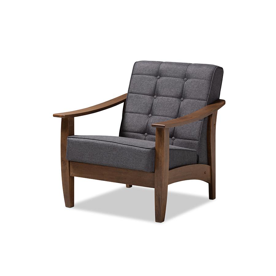 Baxton Studio Larsen Mid-Century Modern Gray Fabric Upholstered Walnut Wood Lounge Chair. Picture 2