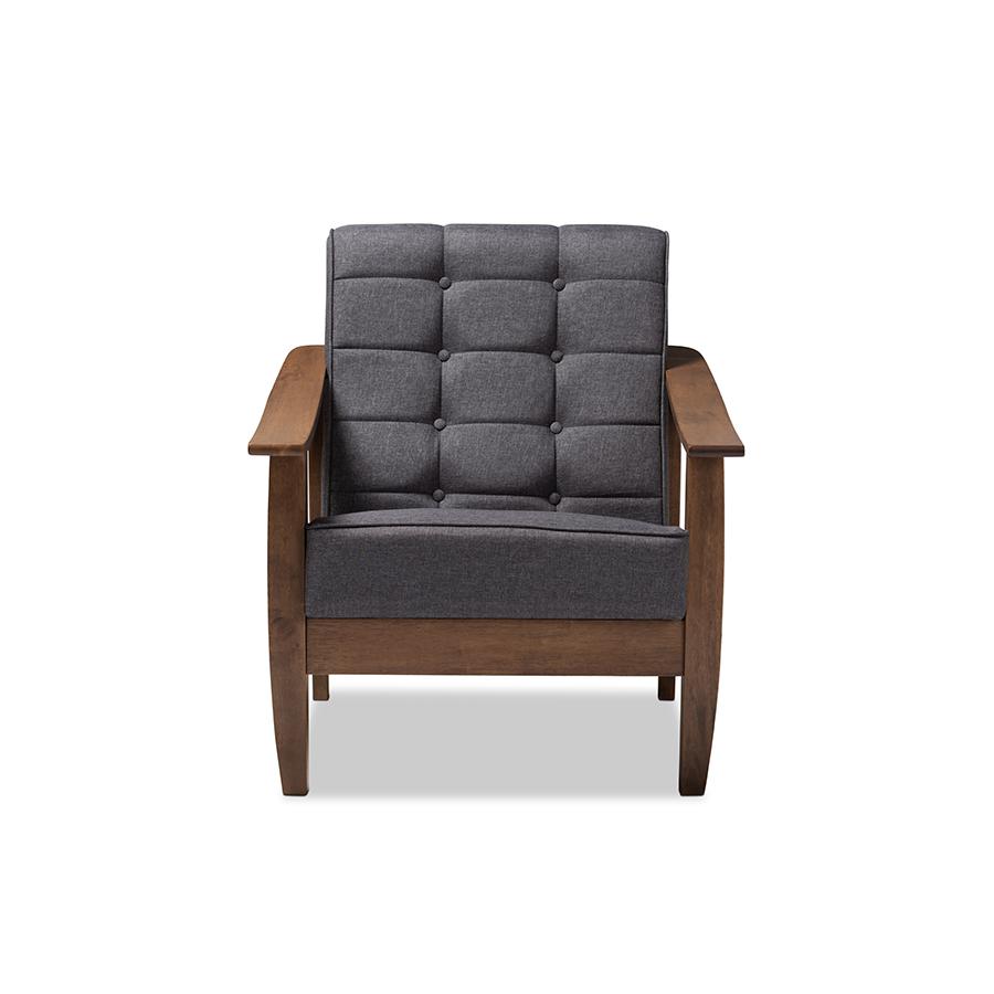 Baxton Studio Larsen Mid-Century Modern Gray Fabric Upholstered Walnut Wood Lounge Chair. Picture 3