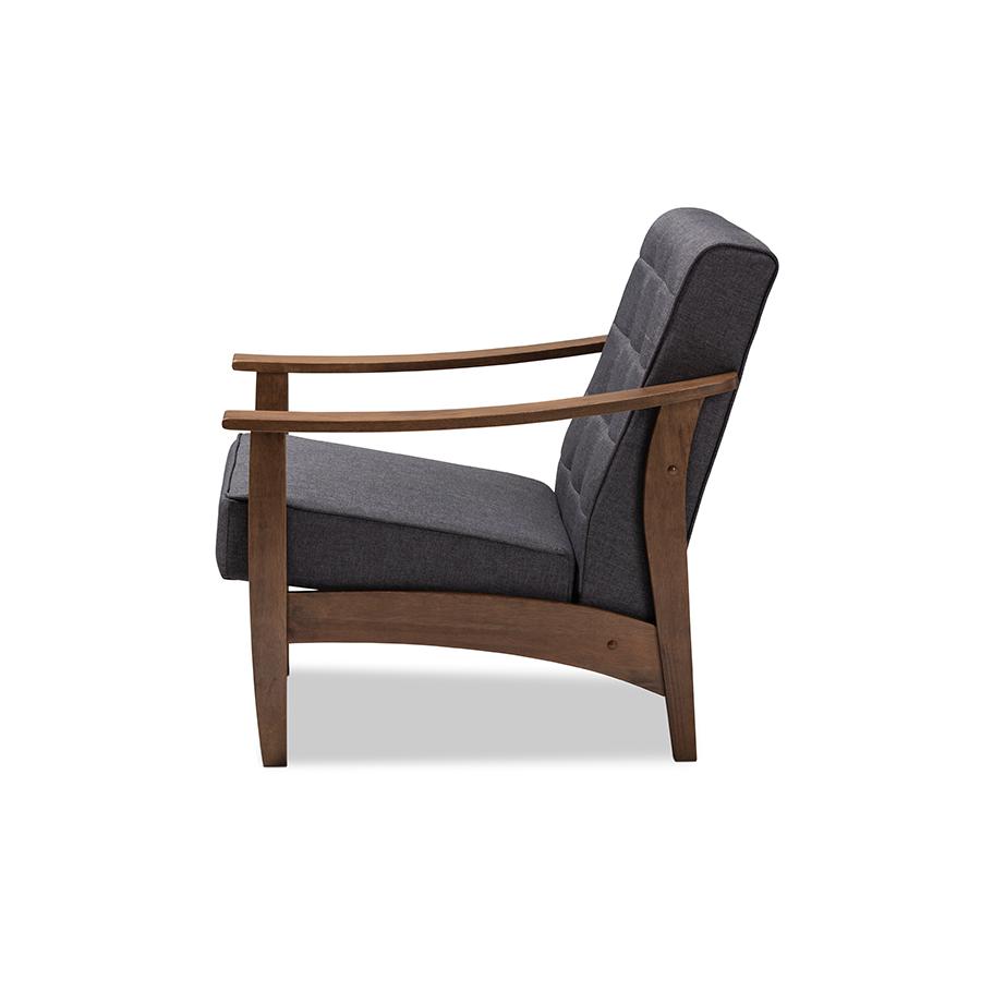 Baxton Studio Larsen Mid-Century Modern Gray Fabric Upholstered Walnut Wood Lounge Chair. Picture 4