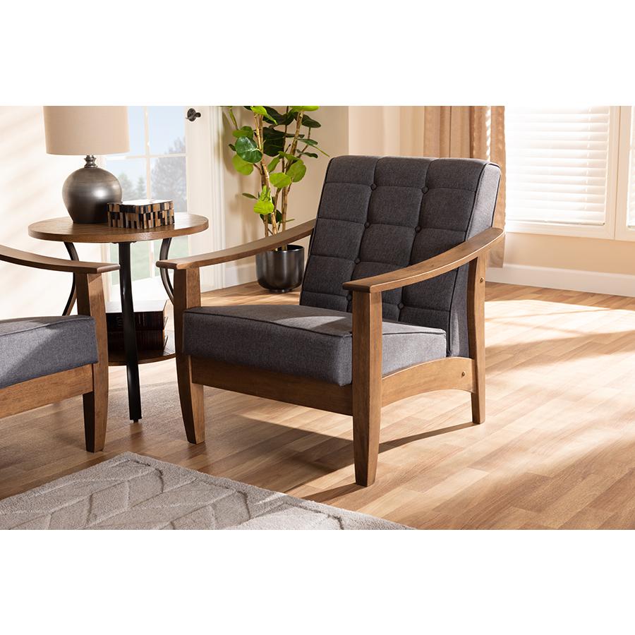 Baxton Studio Larsen Mid-Century Modern Gray Fabric Upholstered Walnut Wood Lounge Chair. Picture 1