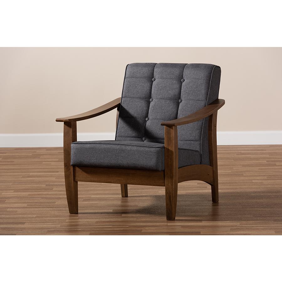 Baxton Studio Larsen Mid-Century Modern Gray Fabric Upholstered Walnut Wood Lounge Chair. Picture 9