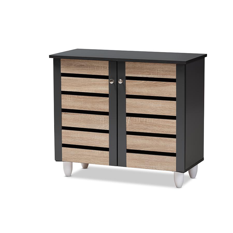 Two-Tone Oak and Dark Gray 2-Door Shoe Storage Cabinet. Picture 1
