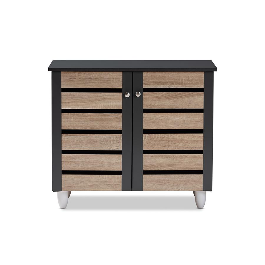 Two-Tone Oak and Dark Gray 2-Door Shoe Storage Cabinet. Picture 3