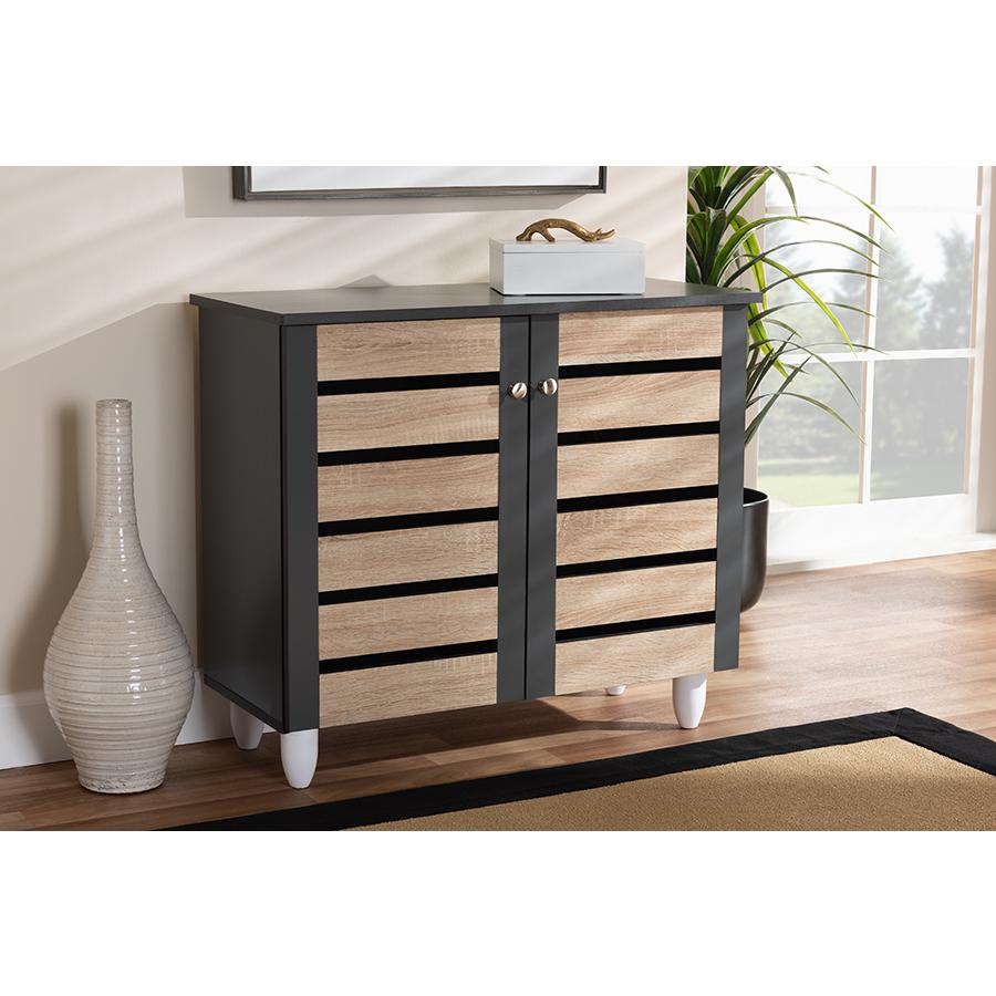 Baxton Studio Gisela Modern and Contemporary Two-Tone Oak and Dark Gray 2-Door Shoe Storage Cabinet. Picture 7