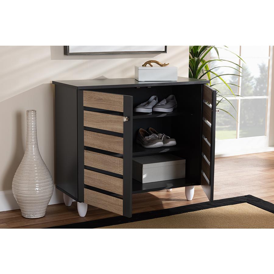 Two-Tone Oak and Dark Gray 2-Door Shoe Storage Cabinet. Picture 7