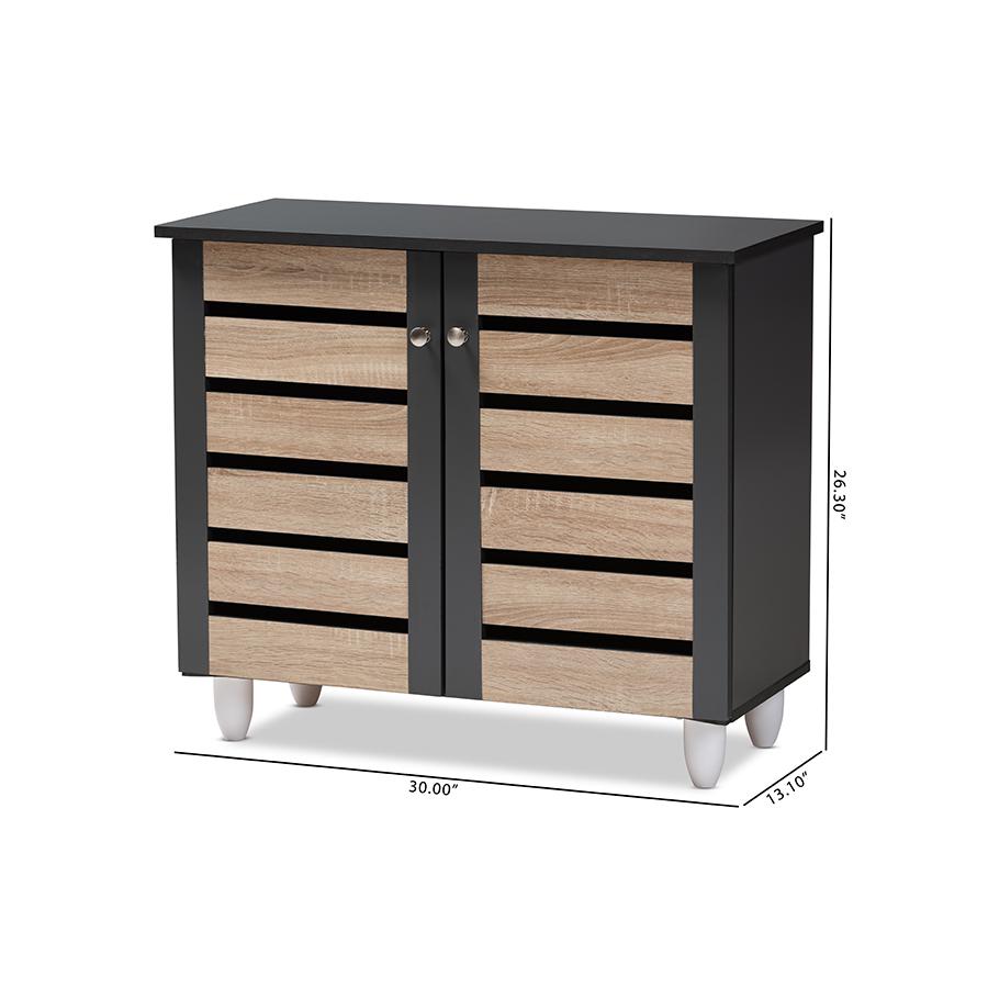 Two-Tone Oak and Dark Gray 2-Door Shoe Storage Cabinet. Picture 9