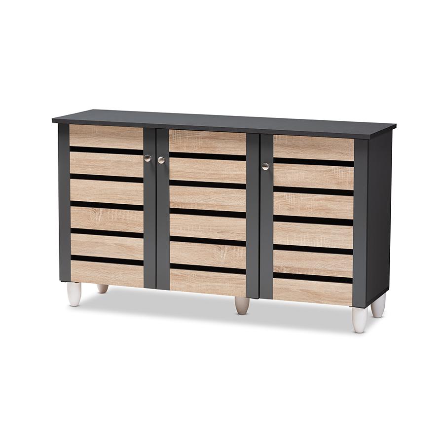 Two-Tone Oak and Dark Gray 3-Door Shoe Storage Cabinet. Picture 1