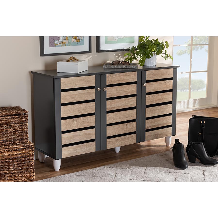 Two-Tone Oak and Dark Gray 3-Door Shoe Storage Cabinet. Picture 7
