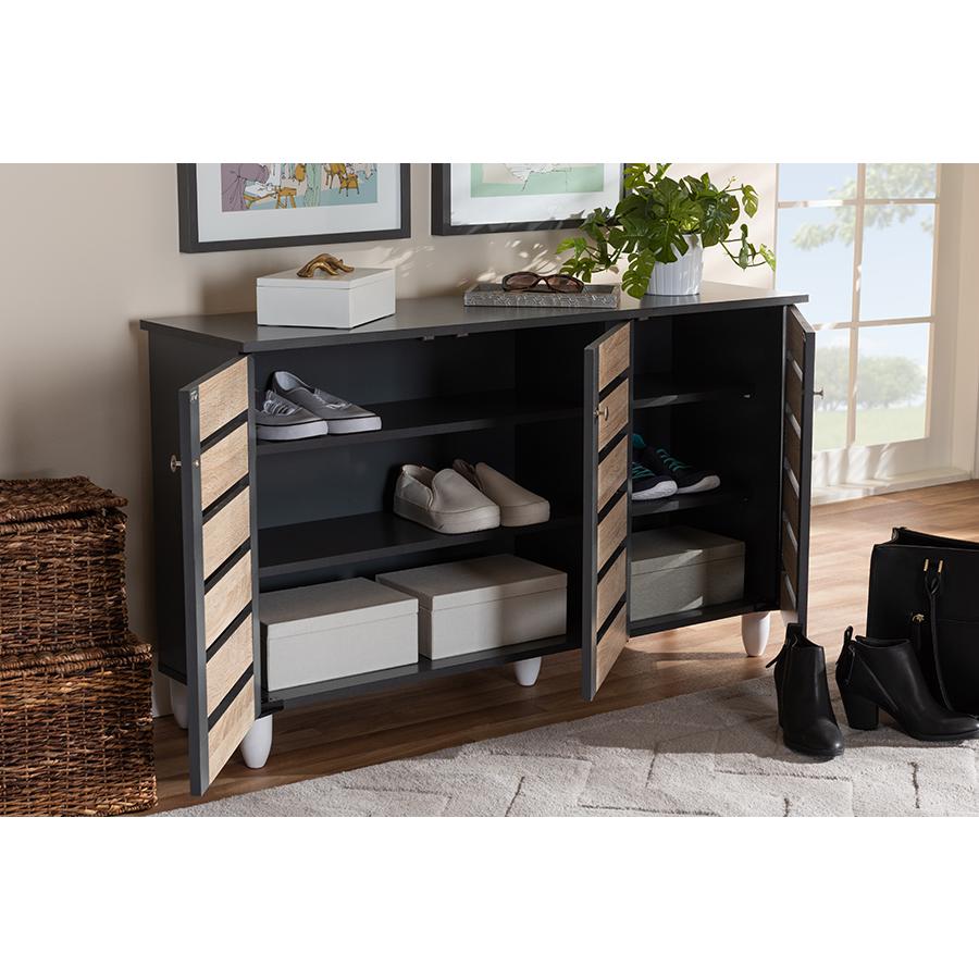 Baxton Studio Gisela Modern and Contemporary Two-Tone Oak and Dark Gray 3-Door Shoe Storage Cabinet. Picture 1