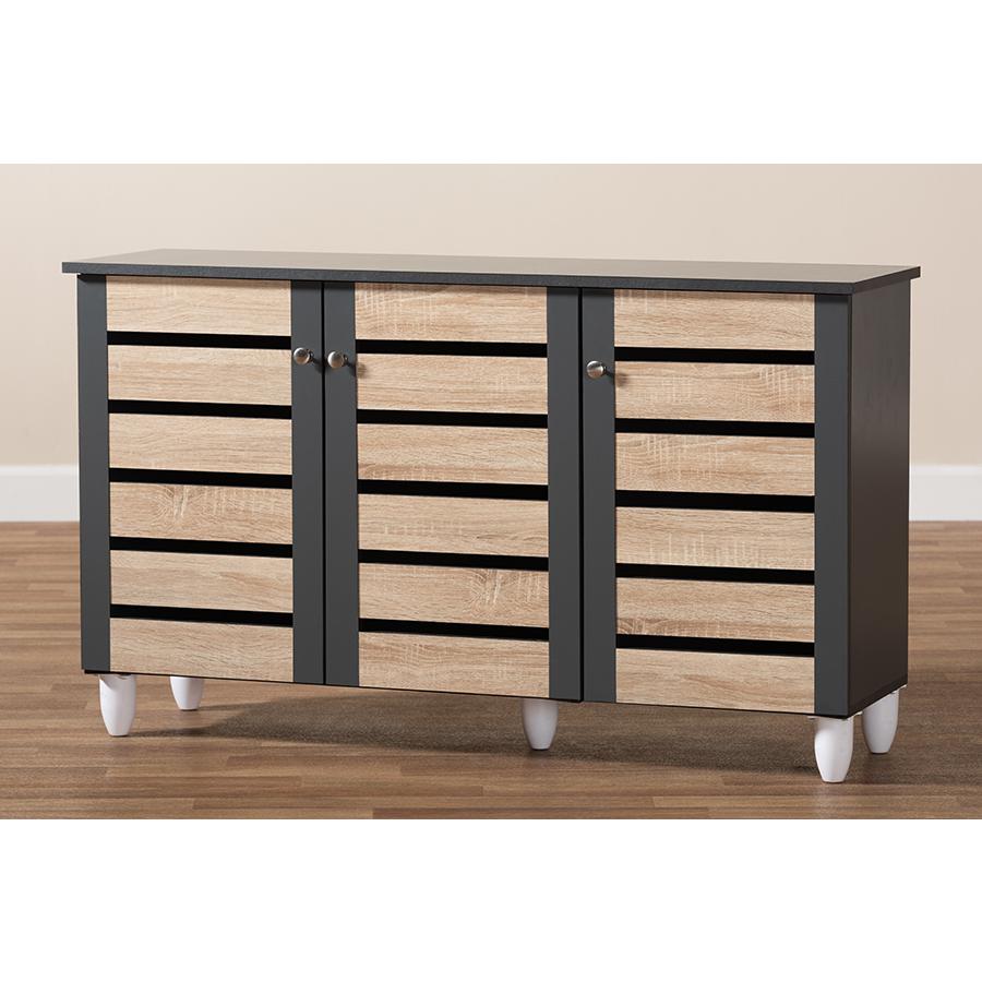 Two-Tone Oak and Dark Gray 3-Door Shoe Storage Cabinet. Picture 9