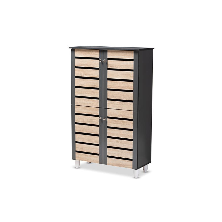 Two-Tone Oak and Dark Gray 4-Door Shoe Storage Cabinet. Picture 1