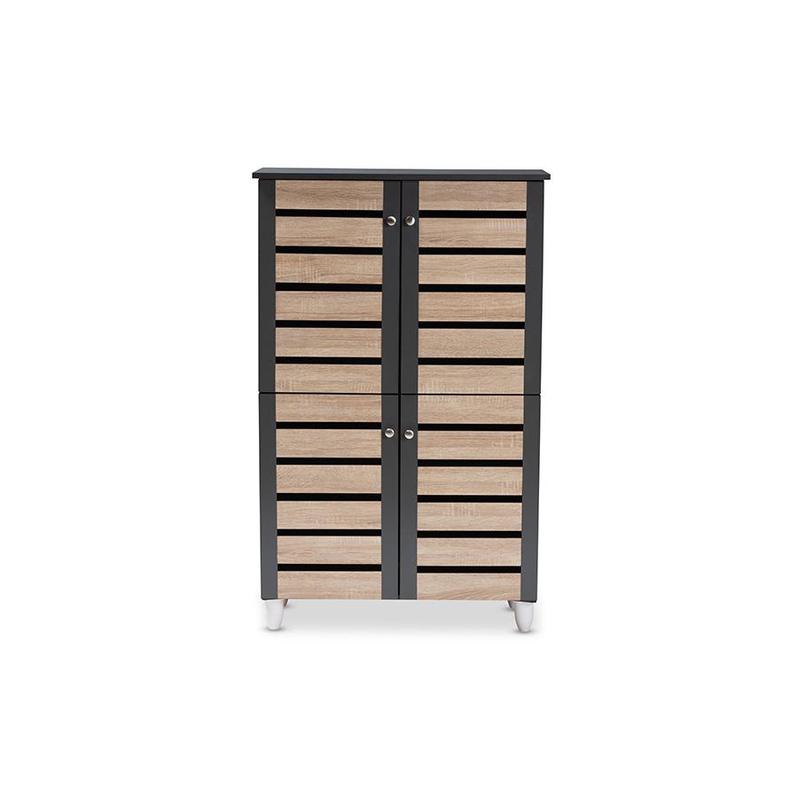 Two-Tone Oak and Dark Gray 4-Door Shoe Storage Cabinet. Picture 3