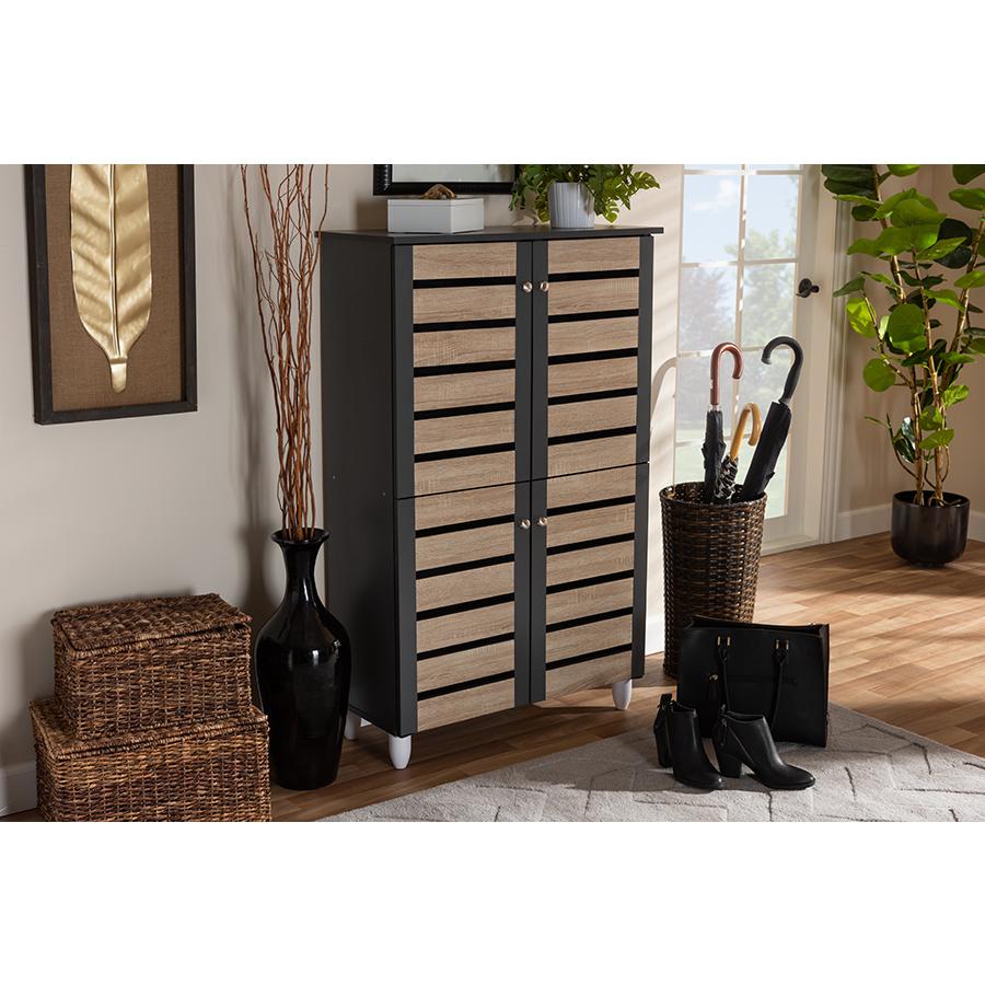 Two-Tone Oak and Dark Gray 4-Door Shoe Storage Cabinet. Picture 7