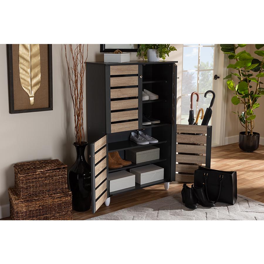 Two-Tone Oak and Dark Gray 4-Door Shoe Storage Cabinet. Picture 8
