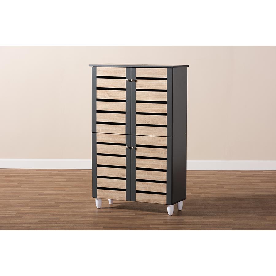 Two-Tone Oak and Dark Gray 4-Door Shoe Storage Cabinet. Picture 9