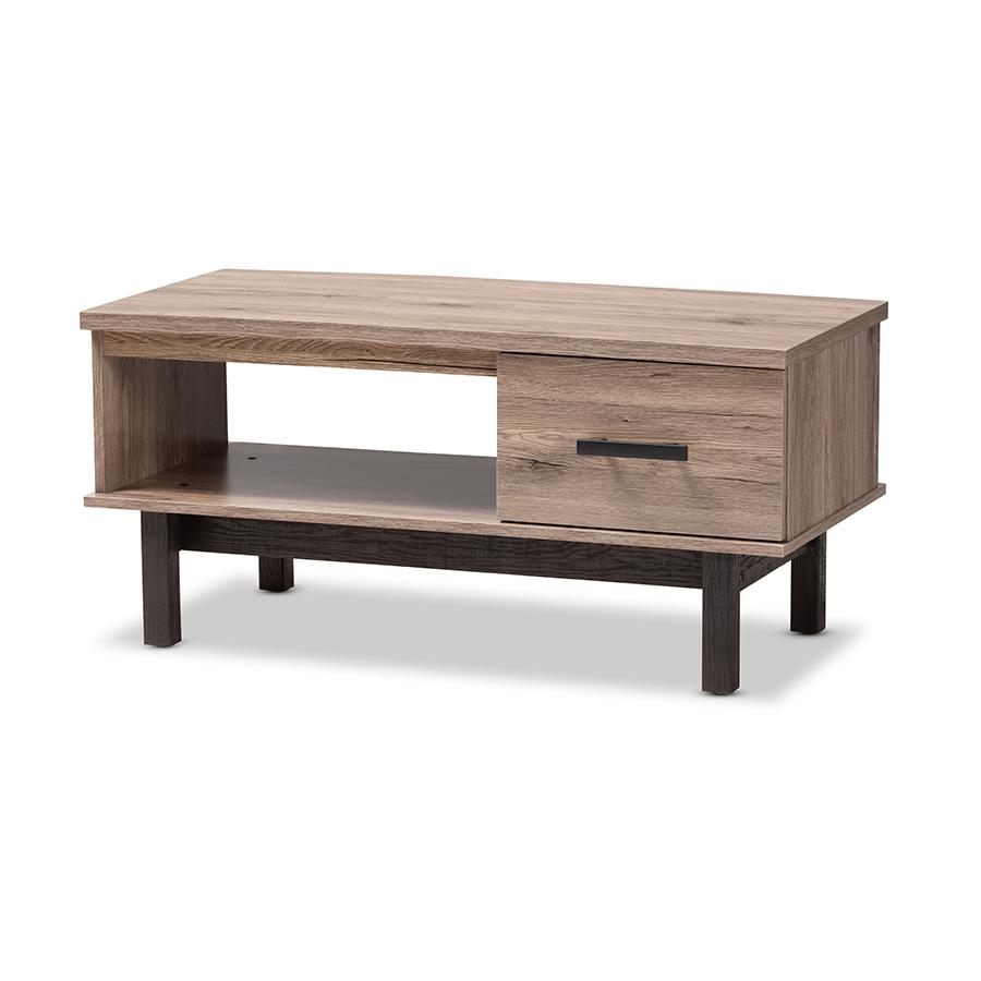 Baxton Studio Arend Modern and Contemporary Two-Tone Oak Brown and Black Wood 1-Drawer Coffee Table. Picture 2