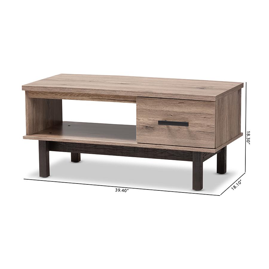 Baxton Studio Arend Modern and Contemporary Two-Tone Oak Brown and Black Wood 1-Drawer Coffee Table. Picture 11