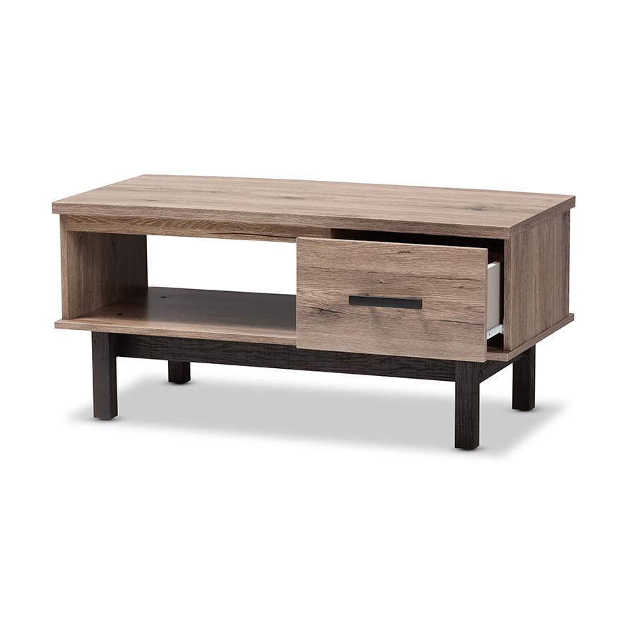 Baxton Studio Arend Modern and Contemporary Two-Tone Oak Brown and Black Wood 1-Drawer Coffee Table. Picture 3