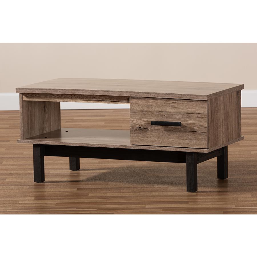Baxton Studio Arend Modern and Contemporary Two-Tone Oak Brown and Black Wood 1-Drawer Coffee Table. Picture 10