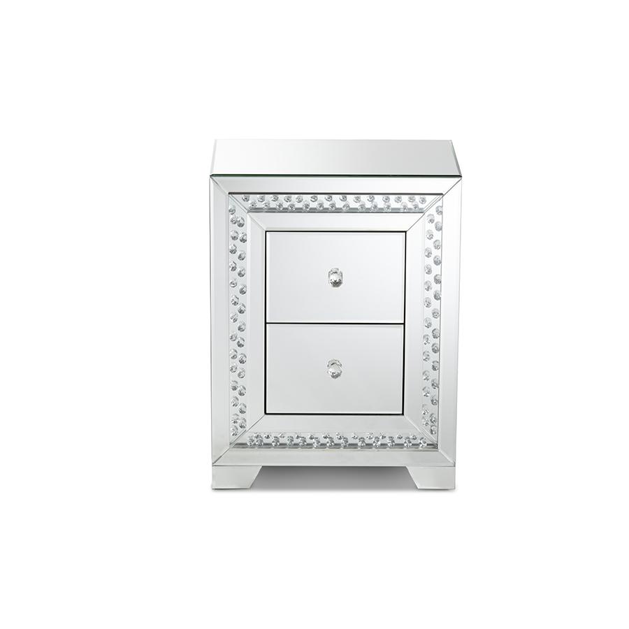Mina Modern and Contemporary Hollywood Regency Glamour Style Mirrored Three Drawer Nightstand Bedside Table. Picture 3