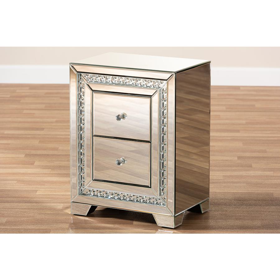 Mina Modern and Contemporary Hollywood Regency Glamour Style Mirrored Three Drawer Nightstand Bedside Table. Picture 7