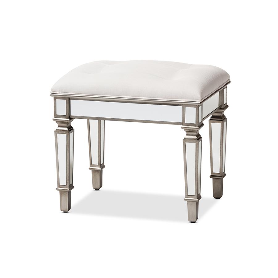 Marielle Hollywood Regency Glamour Style Off White Fabric Upholstered Mirrored Ottoman Vanity Bench. Picture 1