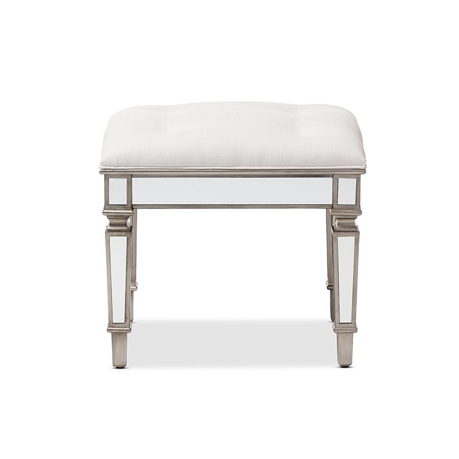 Marielle Hollywood Regency Glamour Style Off White Fabric Upholstered Mirrored Ottoman Vanity Bench. Picture 3