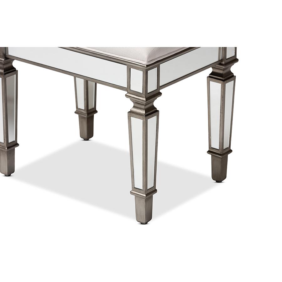 Marielle Hollywood Regency Glamour Style Off White Fabric Upholstered Mirrored Ottoman Vanity Bench. Picture 6